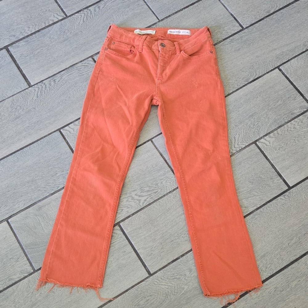 Pilcro and the Letterpress High Rise Bootcut Jeans Coral Orange Raw Hem Size 26